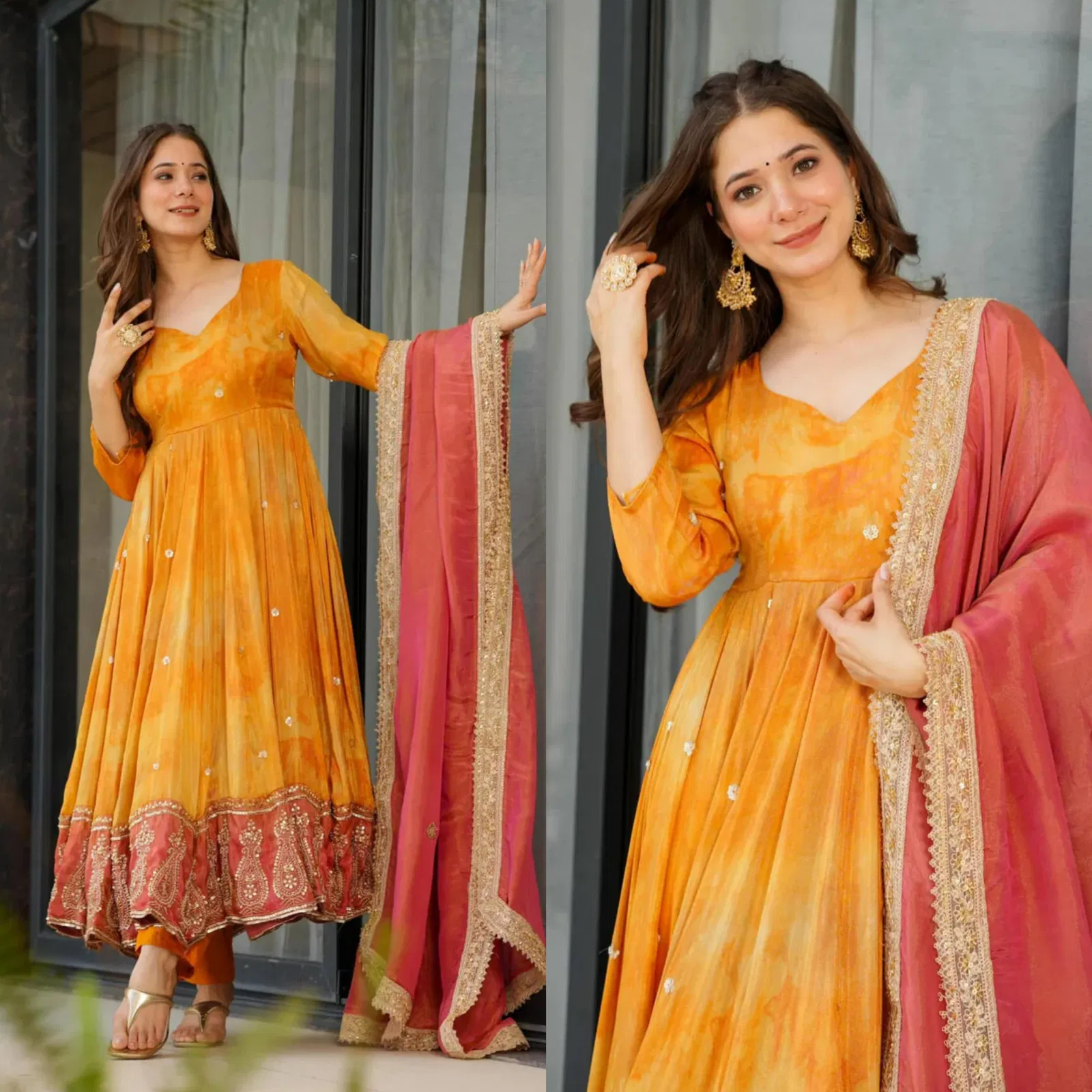 Dvd 5097 Chinon Silk  With Digital Print With Embroidery Gown Exporters In India